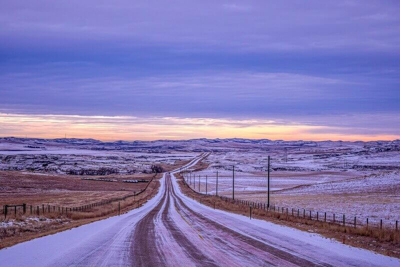 Snowy road in Wyoming